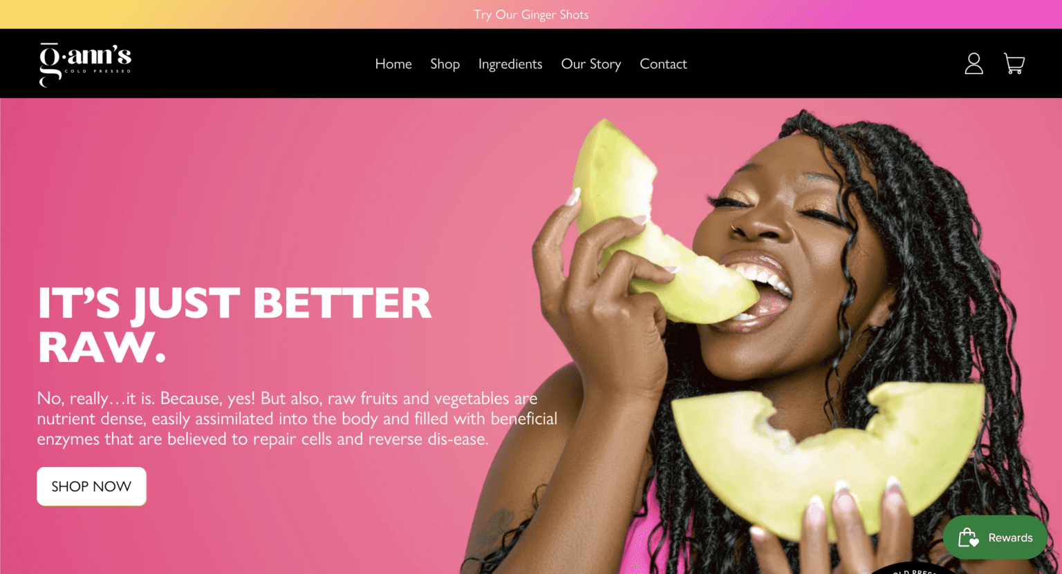 Black girl eating honeydew with pink background.